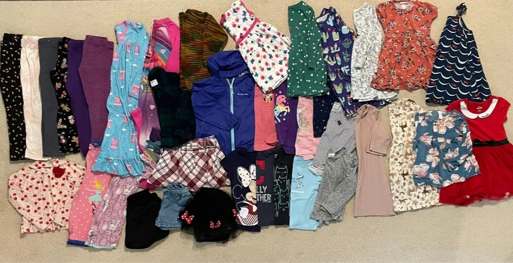 38 Pc Girls LOT Size XS 4-5 4T Clothing Dresses Tops Sleep Minnie Good/Play cond